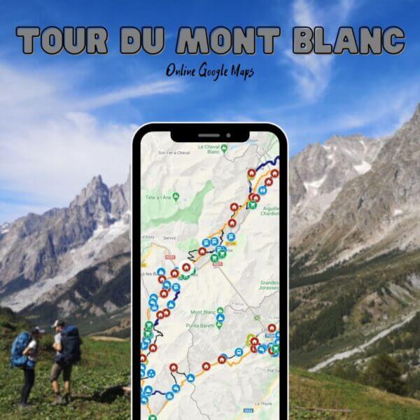 Téléphone portable avec un gros plan de notre carte Google du Tour du Mont Blanc, mettant en évidence les sentiers, les refuges, les arrêts de bus et les points de repère clés le long de l'itinéraire.