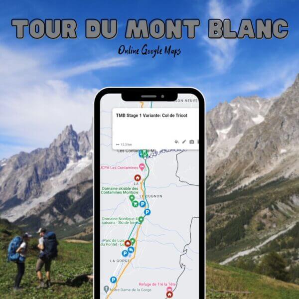 Téléphone portable montrant la variante de l'étape 1 du TMB sur notre carte Google du Tour du Mont Blanc, placé devant un paysage de montagne avec des randonneurs.
