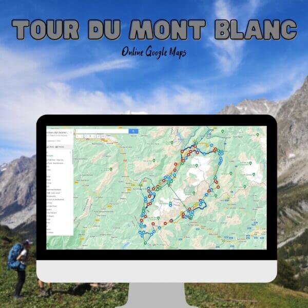Écran d'ordinateur montrant notre carte Google du Tour du Mont Blanc avec toutes les étapes et points d'intérêt, sur fond de paysage alpin avec des randonneurs en arrière-plan.