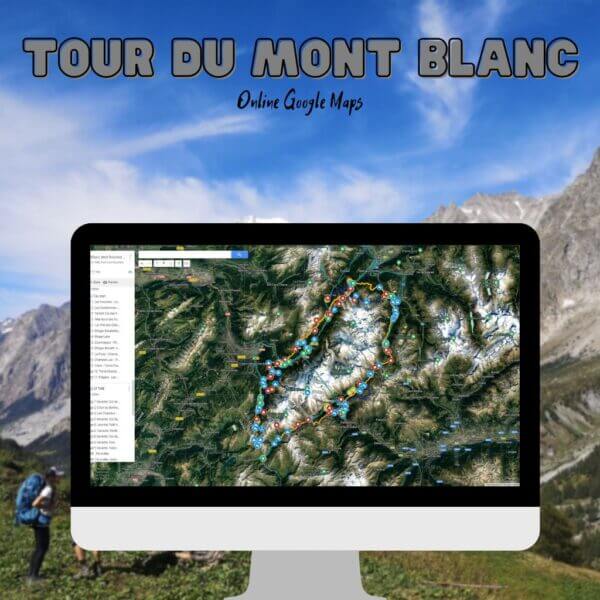 Écran d'ordinateur montrant notre carte Google du Tour du Mont Blanc avec toutes les étapes et points d'intérêt, sur fond de paysage alpin avec des randonneurs en arrière-plan.