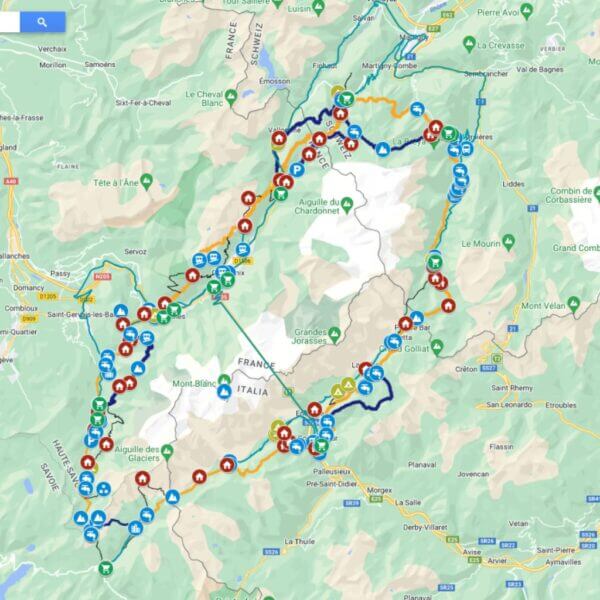 Téléphone portable avec un gros plan de notre carte Google du Tour du Mont Blanc, mettant en évidence les sentiers, les refuges, les arrêts de bus et les points de repère clés le long de l'itinéraire.