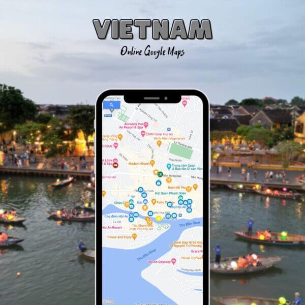 Téléphone portable montrant notre Vietnam Google Map à Hội An, avec des restaurants, des cafés, des points de vue et des points forts épinglés autour de la vieille ville et de la rivière.
