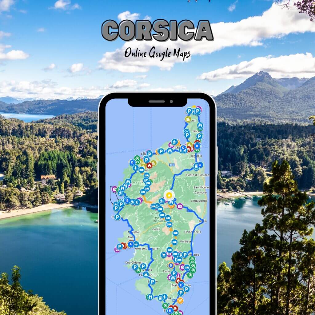 Mobile phone showing our Corsica Google Map with routes, viewpoints, beaches, and villages pinned across the island, set over a scenic mountain and lake backdrop.