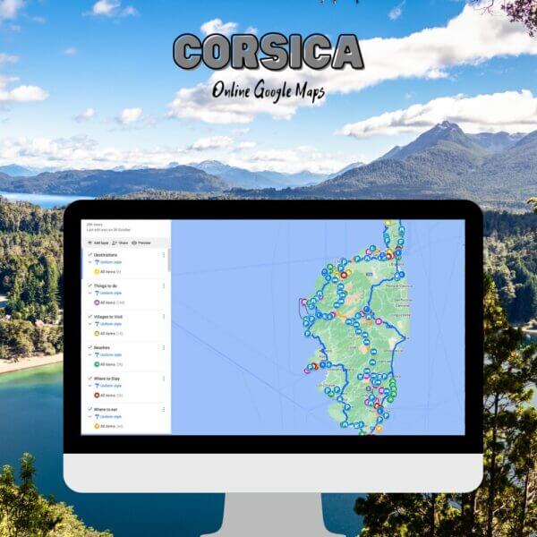 Écran d'ordinateur affichant notre carte Google complète de la Corse avec les plages, les villages, les randonnées et les itinéraires routiers marqués à travers l'île.