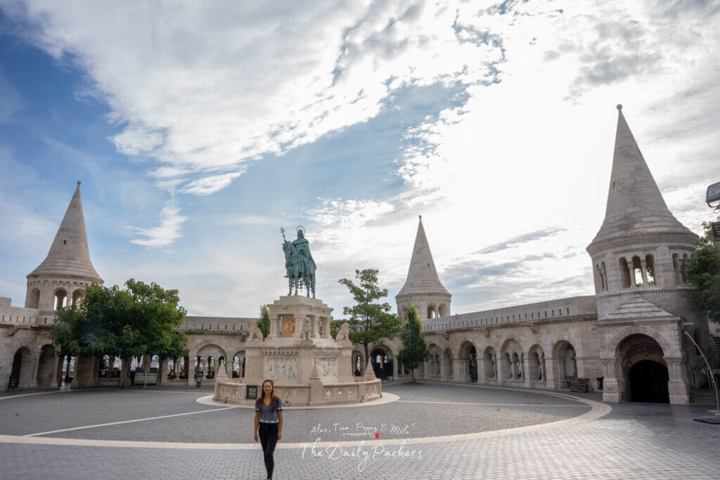 Woman standing in front of the statue of King Stephen I at Fisherman’s Bastion in Budapest