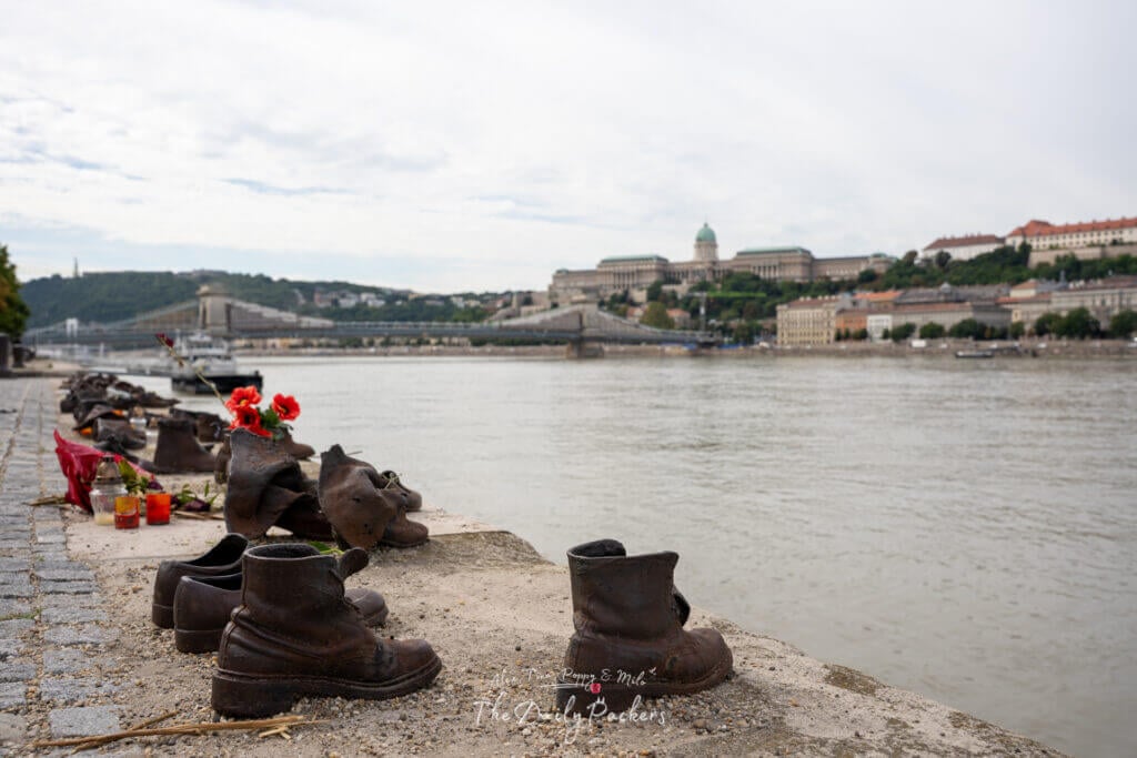 Shoes on the Danube with Buda Castle and Chain Bridge in the background