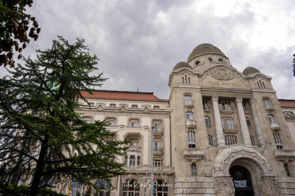 Exterior of the Gellért Thermal Bath, a famous Art Nouveau spa building in Budapest.