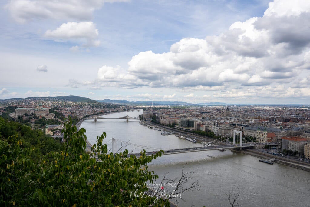 Scenic view over Budapest with Chain Bridge, Elisabeth Bridge, and the Danube from Gellért Hill.