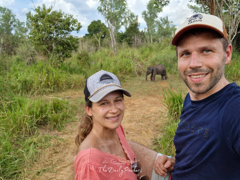 Couple observing a baby elephant walking peacefully through the park.