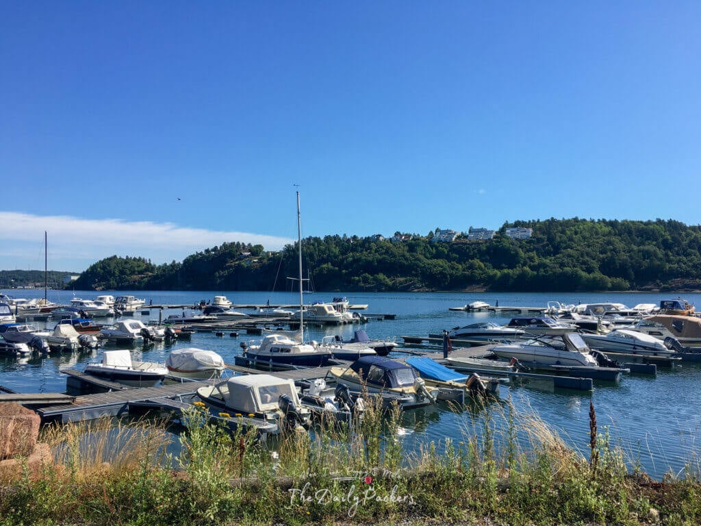 Boats and yachts anchored at a sunny marina in Tønsberg, Norway.