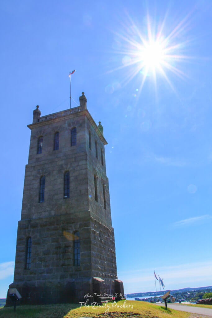 Slottsfjelltårnet tower standing tall under a bright sun on Castle Hill in Tønsberg, Norway