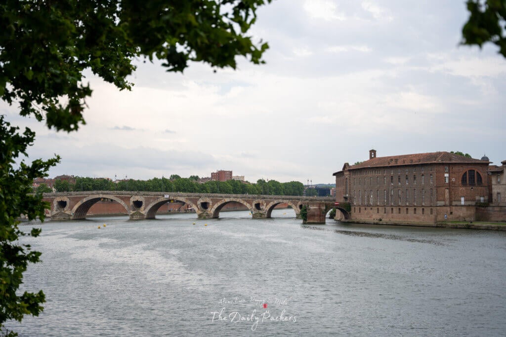 Pont Neuf bridge over the Garonne River framed by green trees and a historic riverside building.