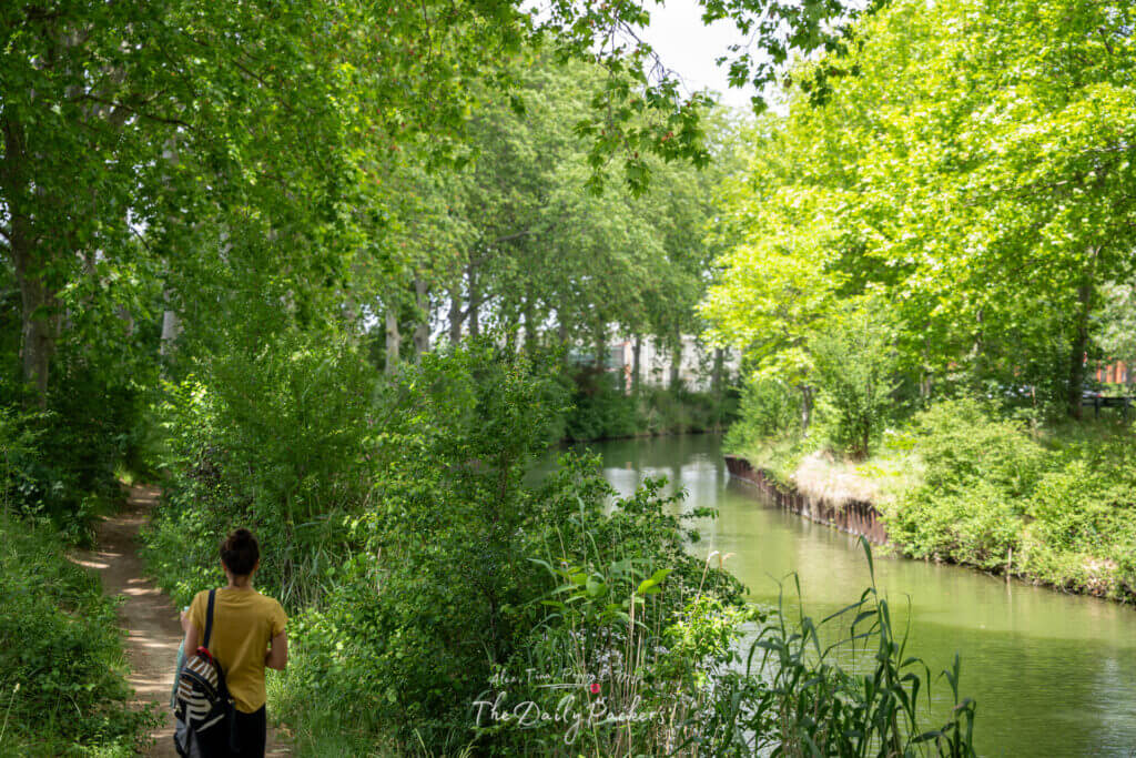 Woman strolling beside the leafy Canal du Midi trail in Toulouse under dappled sunlight.