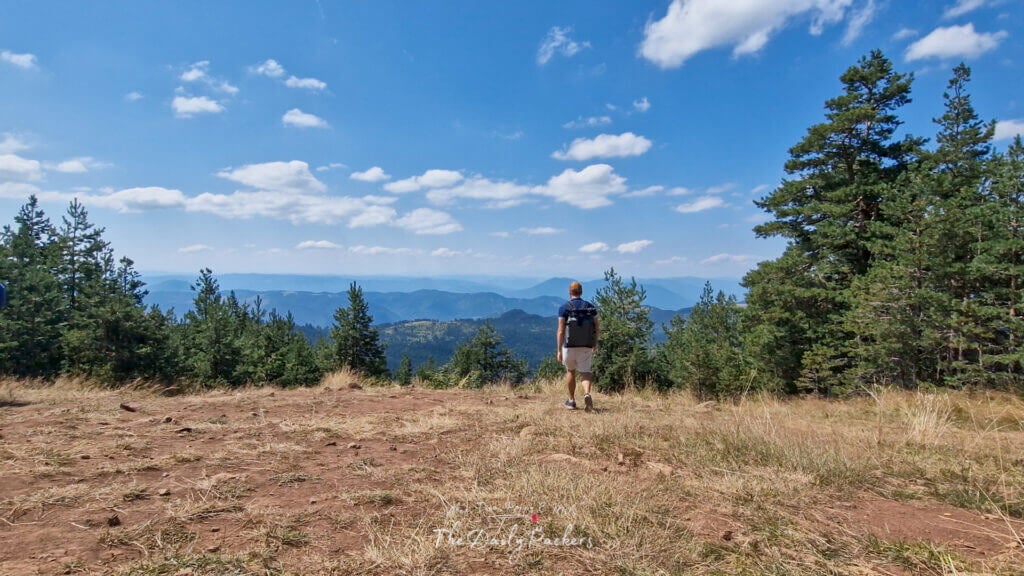 Hiker overlooking vast forested mountain range from Tornik summit in Zlatibor