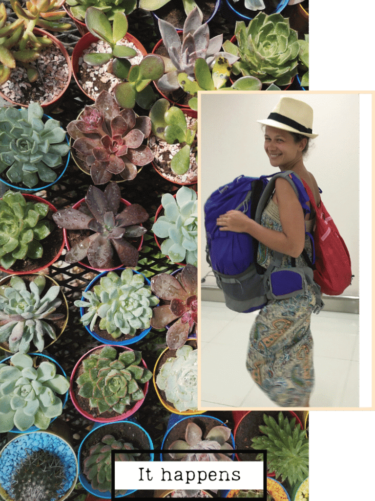 femme souriante portant un chapeau et plusieurs sacs à dos à côté de plantes succulentes colorées