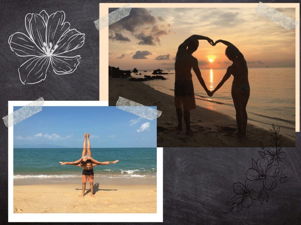 Deux photos de plage : l'une avec un couple formant un cœur au coucher du soleil, l'autre montrant une pose de yoga acrobatique au bord de la mer en Thaïlande.