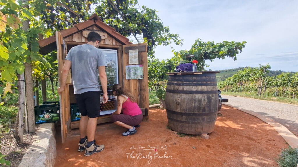 Un homme et une femme enceinte prennent des boissons dans une cabane frigorifique en bois en libre-service entourée de vignobles à Sasbachwalden, en Allemagne.