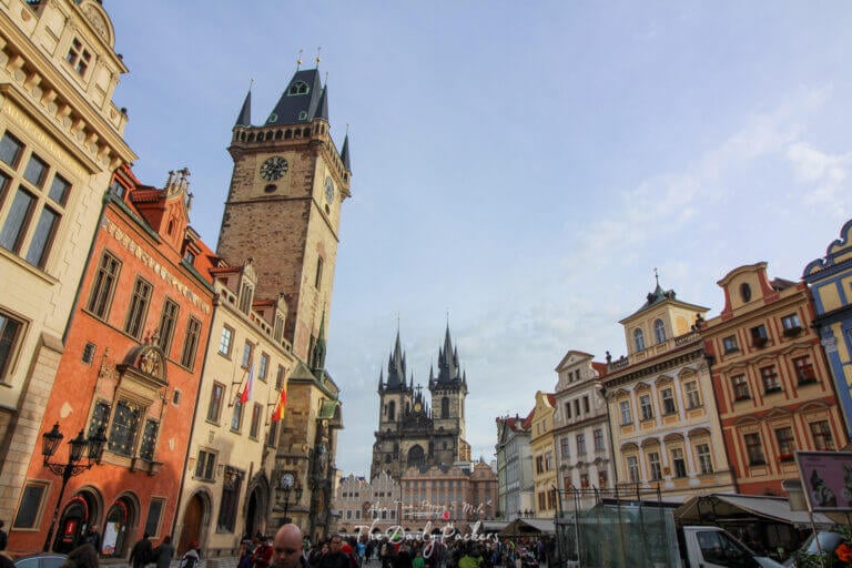 Old Town Square in Prague with the Astronomical Clock and the Church of Our Lady before Týn in the background.