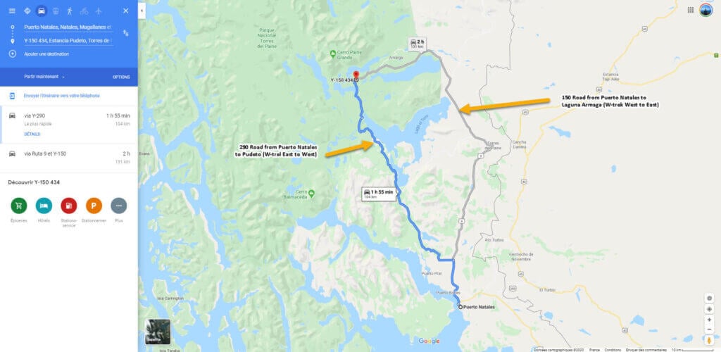 Google Maps route showing two driving options from Puerto Natales to Estancia Pudeto in Torres del Paine National Park, with highlighted Y-290 and Y-150 roads.