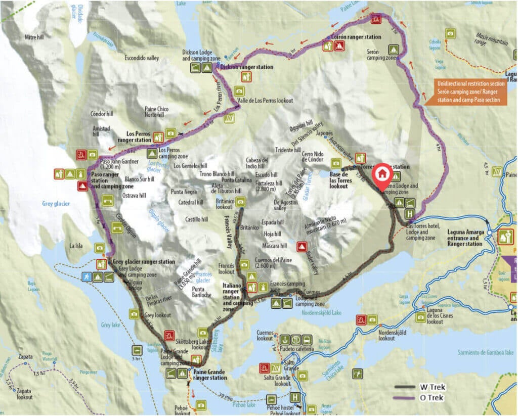 Full park map highlighting the complete W‑Trek itinerary with day‑by‑day colored segments and symbols for services and landmarks.