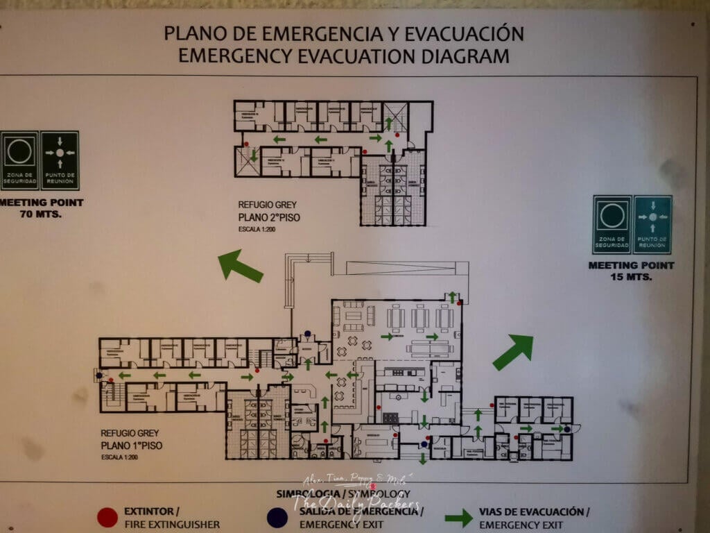 Emergency evacuation diagram showing the layout of Refugio Grey’s first and second floors.