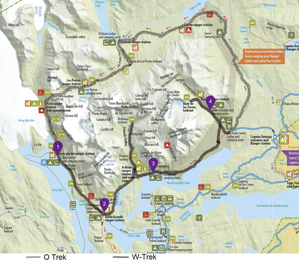 Overview map of Torres del Paine with the W‑Trek route emphasized and numbered waypoints alongside the outline of the O Circuit.