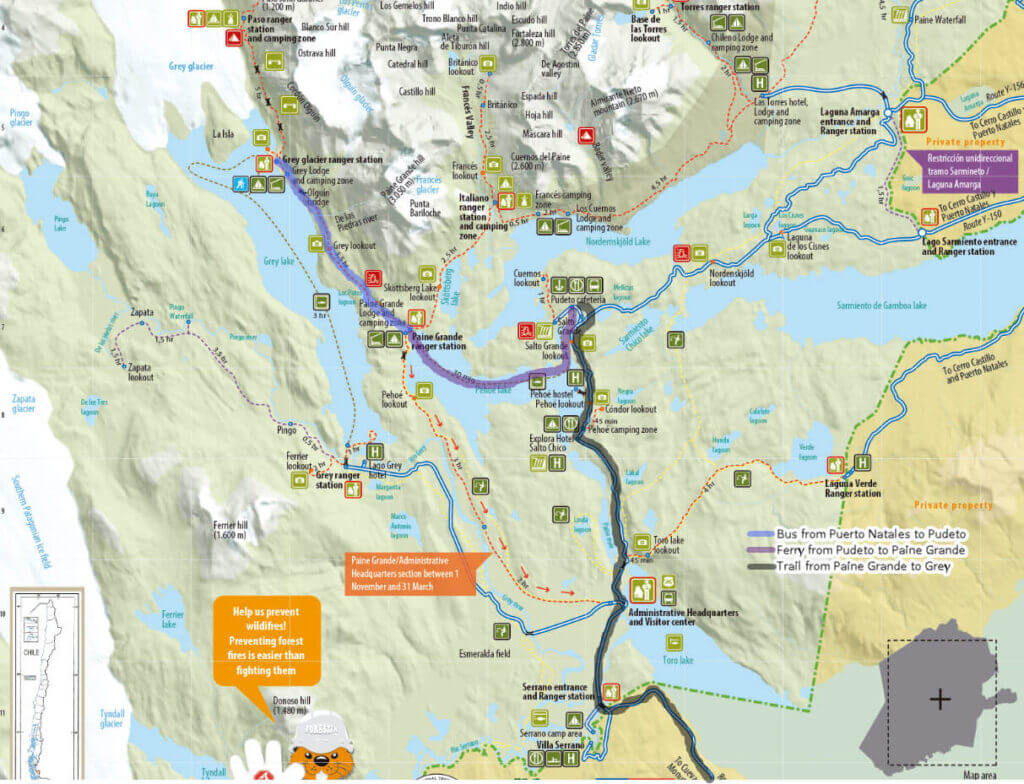 Map of Torres del Paine National Park highlighting the W Trek route from Paine Grande to Grey and key facilities along the way.