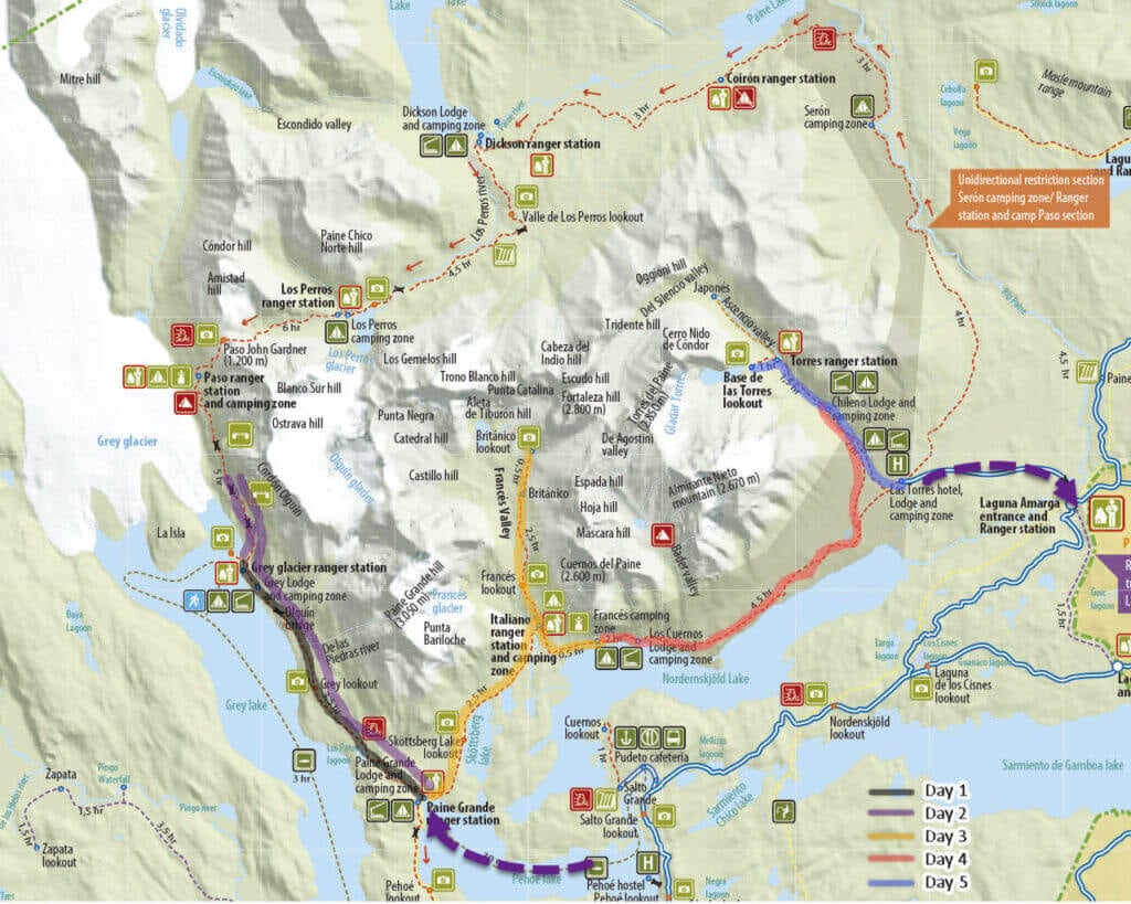 Color‑coded map of the W Trek from east to west showing a five‑day route with camps, ranger stations, lookouts, and trail segments highlighted.