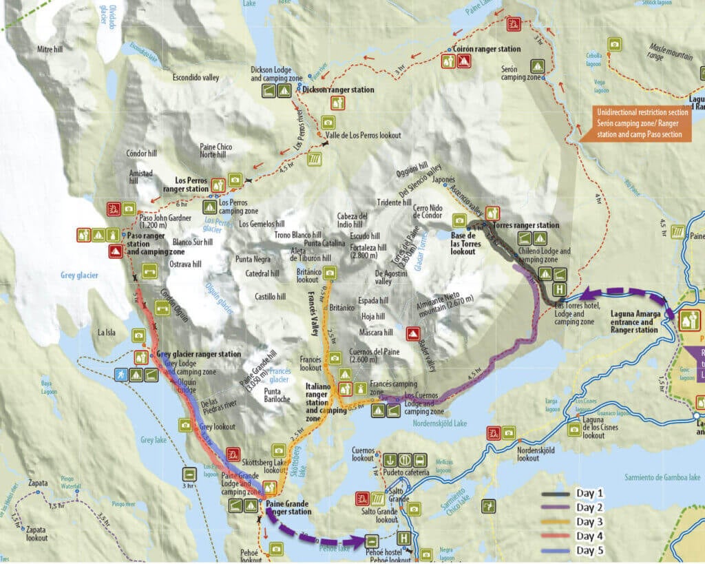 Map of the W Trek from west to east with the five‑day itinerary traced across the park and icons marking lodges, campsites, and viewpoints.