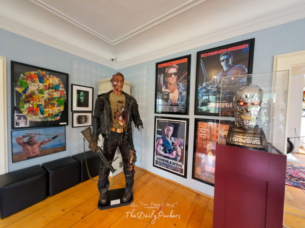 Life-size Terminator costume and skull prop at the Arnold Schwarzenegger Museum.