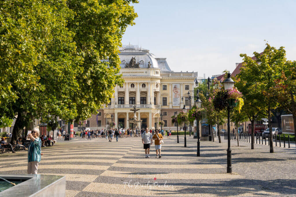 Slovak National Theater in Bratislava viewed from Hviezdoslavovo námestie with tree-lined promenade.