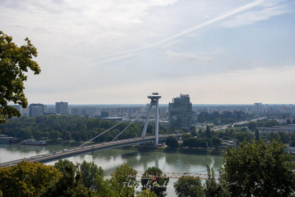 View of the UFO Bridge and Danube River from Bratislava Castle hill.