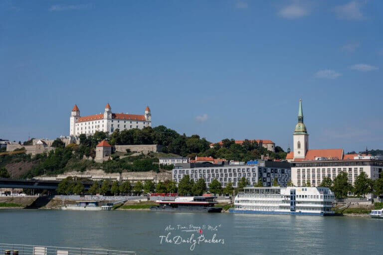 Panoramic riverside view of Bratislava with the castle and St. Martin’s Cathedral visible