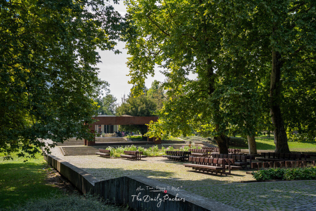 Peaceful scene inside Sad Janka Kráľa park with benches and shaded walking paths in Bratislav