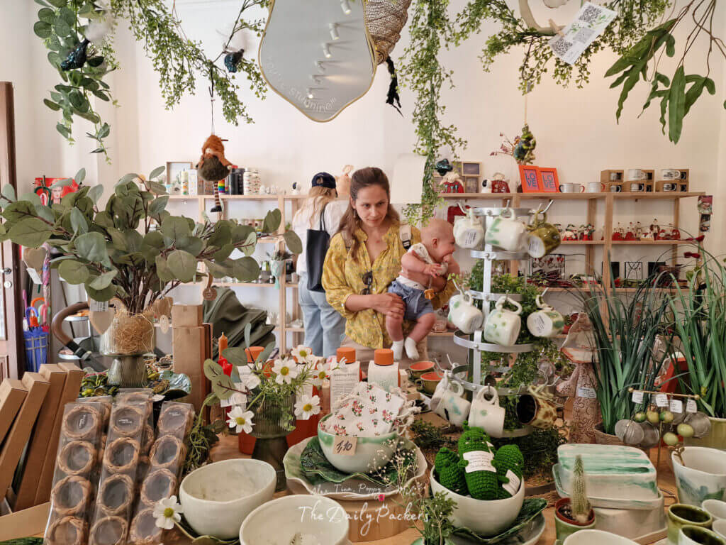 Colorful Slovak dishes and handmade souvenirs at In Vivo giftshop in Bratislava.