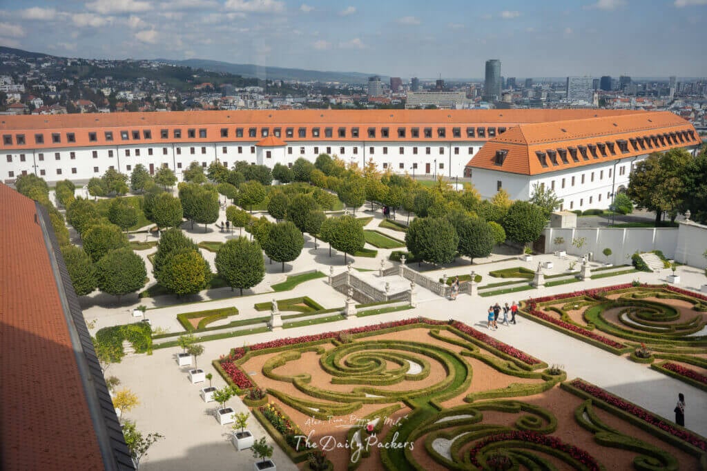 Panoramic view of the formal baroque gardens of Bratislava Castle from above.