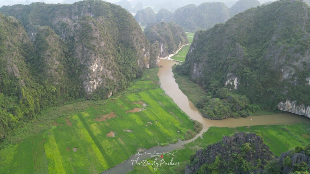 Aerial view of Tam Coc river winding through lush green rice fields and limestone mountains.