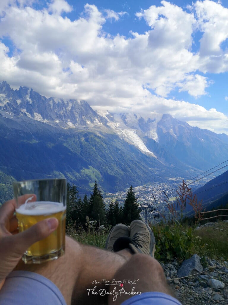 Relaxing with a beer above Chamonix, glaciers and lifts in view