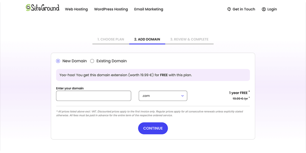 SiteGround interface screen where users can enter and register a new domain for their website.