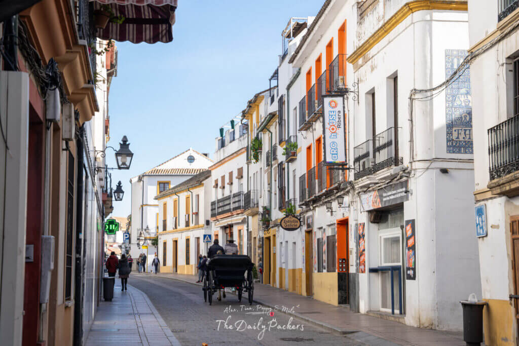 Horse-drawn carriage passing through a colorful street lined with traditional Andalusian houses in Córdoba’s old town.