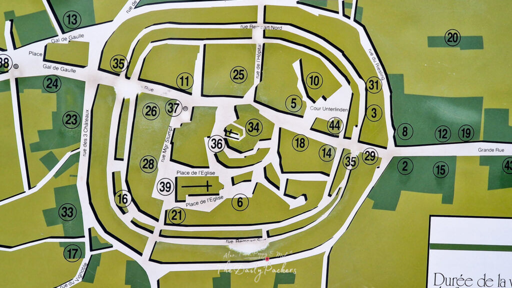 Detailed map of Eguisheim’s circular old town layout, showing the medieval streets and main landmarks.
