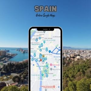 Mockup of a smartphone displaying a detailed Spain Google Map of Seville’s attractions, set against