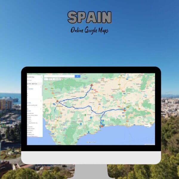 Mockup of a computer screen displaying a Google Maps route across Andalusia, Spain, with a coastal cityscape background.