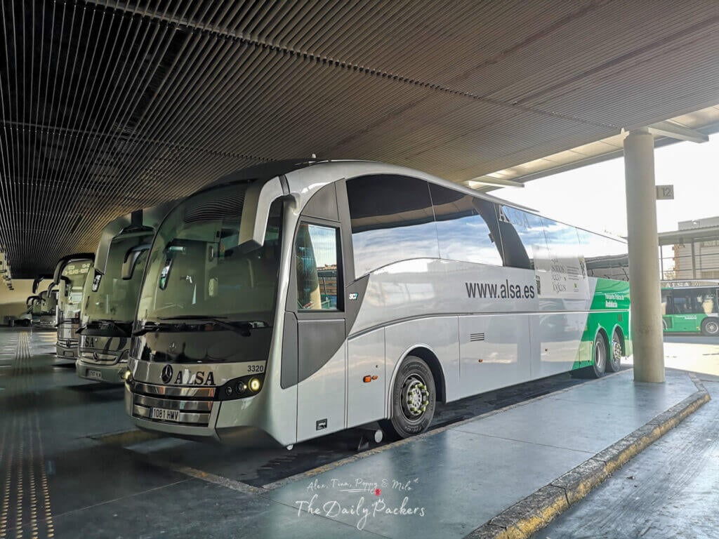 Modern ALSA bus parked at Málaga’s main bus station, ready for intercity travel across Andalusia.