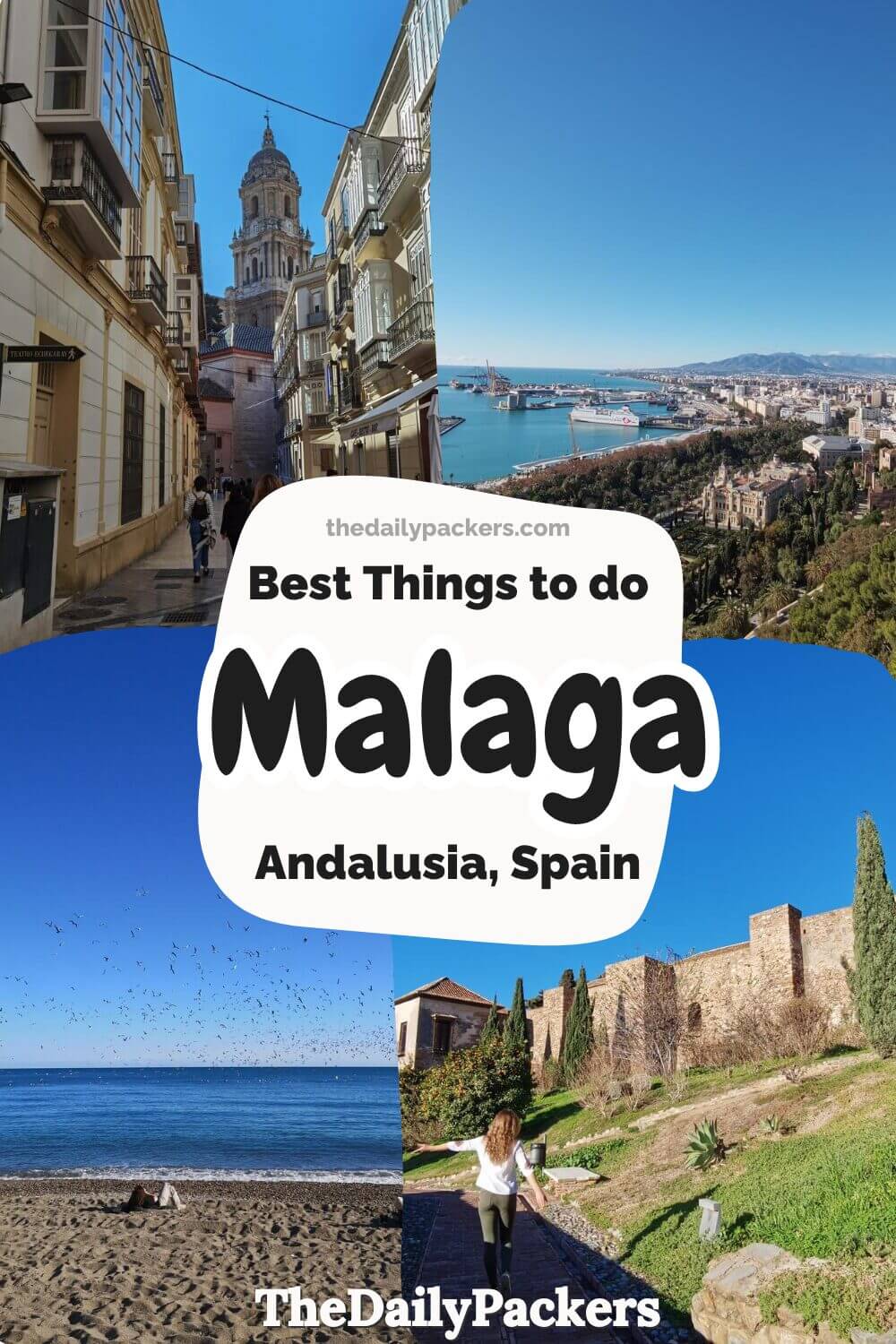 Collage of Málaga’s top attractions including the cathedral, the city port, La Malagueta beach, and the Alcazaba fortress, representing the best things to do in Málaga, Andalusia, Spain.