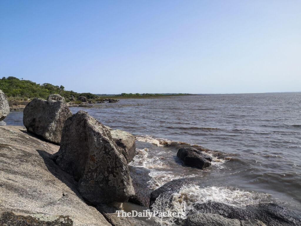 Laguna Negra’s vast waters glimmering under the midday sun, bordered by grasslands and reeds.
