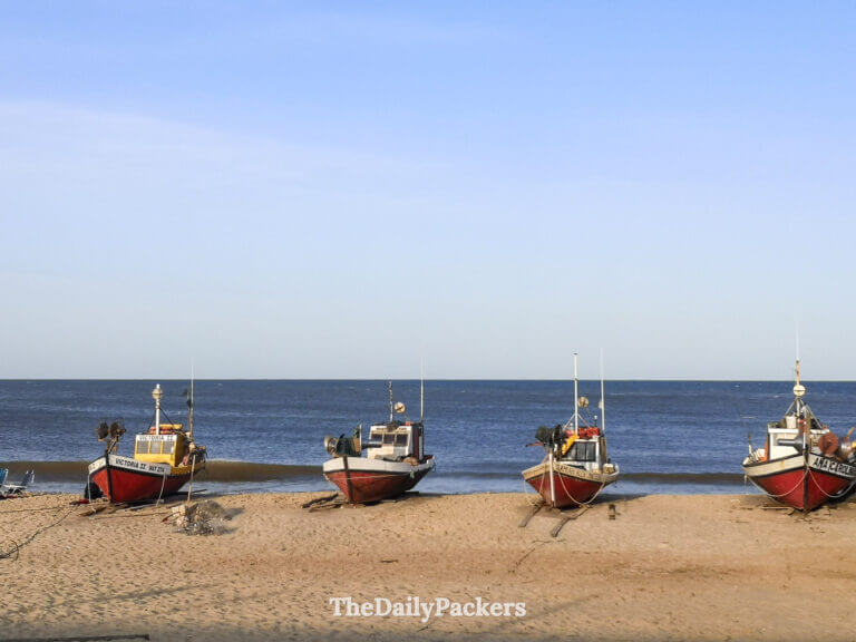 Bateaux de pêche colorés alignés sur Playa de los Pescadores à Punta del Diablo, prêts pour la pêche du lendemain.