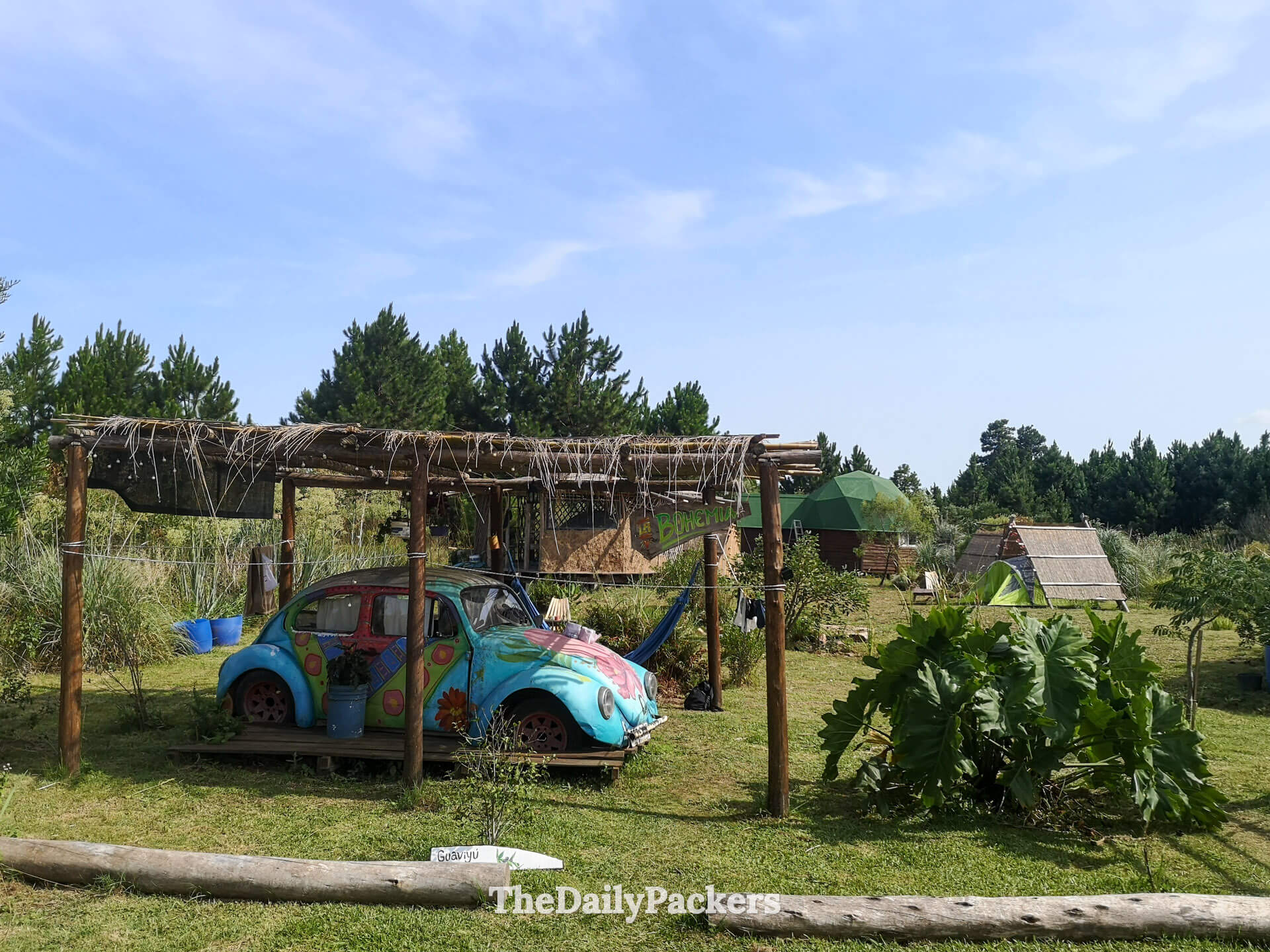 Coccinelle Volkswagen de 1962 peinte de couleurs vives, transformée en un séjour confortable sous un abri en bois avec des hamacs au camping écologique La Girada à Punta del Diablo
