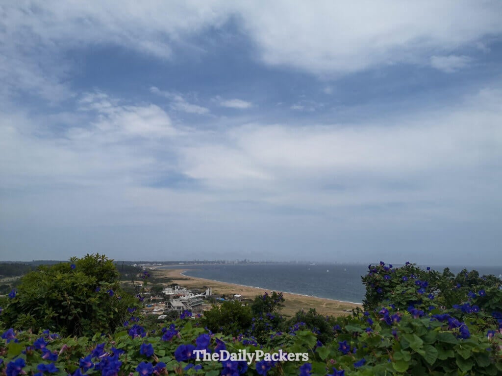 Scenic coastal view of Playa Cantamar with golden sand, blue ocean, and the city skyline in the distance.