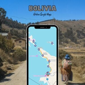 Computer screen displaying our Bolivia Google Map, with multiple travel pins across the country and a rural Bolivian landscape in the background.